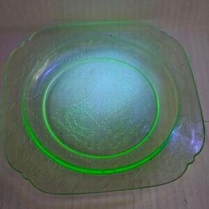 Vintage Green Uranium Glass Square Salad Plate Etched Floral Glows UV